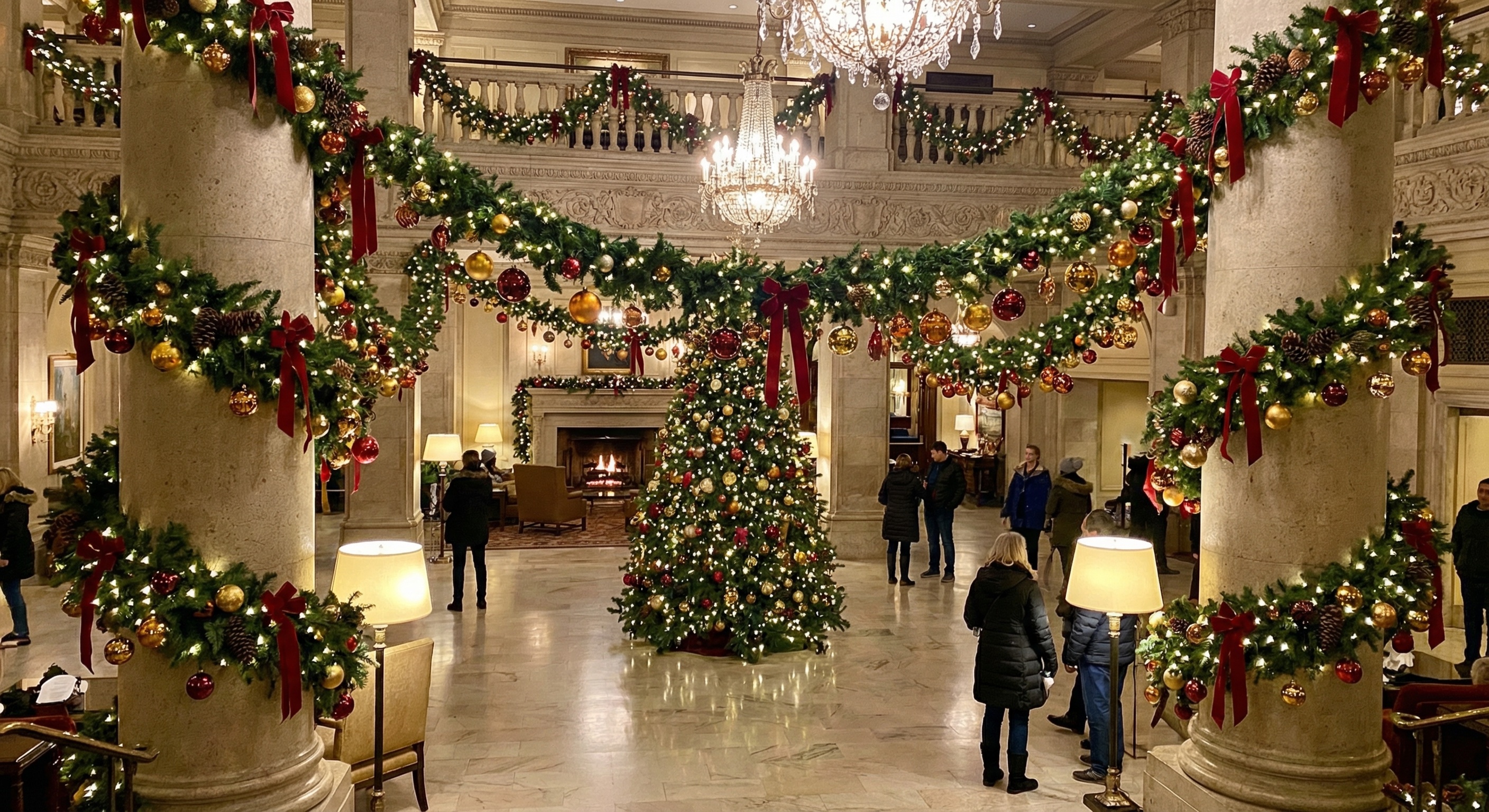 Grand hotel lobby decorated with Christmas greenery